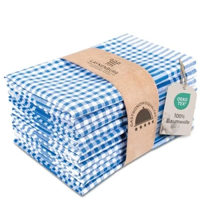 Afbeelding van LAYNENBURG 10er Set Premium Geruite Theedoeken 100% Katoen OEKO TEX Standaard 100 50x70 cm &amp; Hanger Keukenhanddoeken Pluisvrij Modern Vintage (blauw)