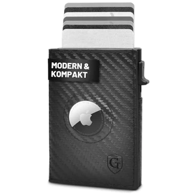 Afbeelding van GenTo SMARTLET Push Air AirTag Wallet met muntenvak Metalen Case Slim TÜV geteste RFID NFC bescherming kleine portemonnee dunne smalle kaarthouder, carbon, Münzfach M +