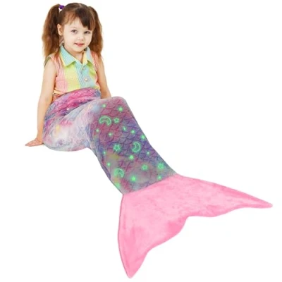 Afbeelding van Glow in the Dark Zeemeerminnenstaart Deken, Zachte Warme Pluche Fleece Slaapzak Knuffeldeken, 155 x 50 cm Visschubpatroon, Sterrenhemel