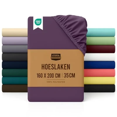 Afbeelding van Utopia Bedding hoeslaken voor tweepersoonsbed, 160 x 200 cm, paars, geborsteld microvezel, met elastische hoeken