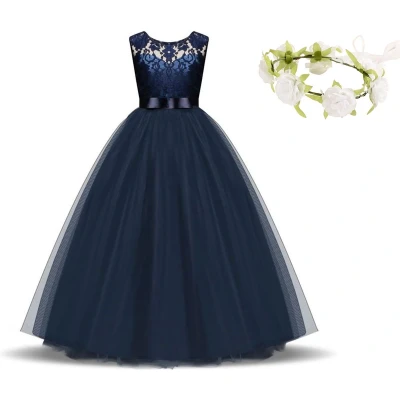 Afbeelding van Communie jurk Bruidsmeisjes bruidsjurk donker blauw 116 122 (120) prinsessen feestjurk meisje + bloemenkrans