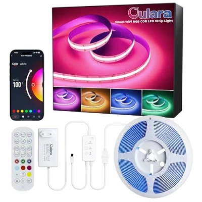 Afbeelding van OULARA RGB COB ledstrip, 10 m, kleurverandering, dimbaar, 24 V, wifi, werkt met Alexa/Google Assistant/Tuya, veelkleurige flexibele strip licht voor tv, slaapkamer, feest, doe het zelf decoratie