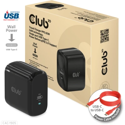 Afbeelding van club3D CAC 1905 Laptop netvoeding 65 W Binnen Aantal uitgangen: 1 x USB C bus GaN