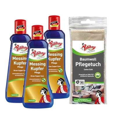 Afbeelding van Poliboy Verzorging van messing en koper, glanspolitoer tegen aanslagpunten, messingreinigingsmiddel met carnaubawas, 3 x 200 ml, katoenen doek, Made in Germany