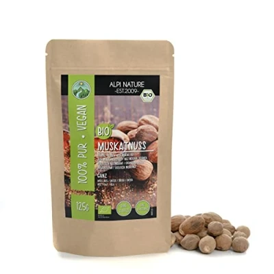 Afbeelding van biologische nootmuskaatnoot volledig (125 g), nootnoten volledig, nutmegs van gecontroleerde teelt, getest op noot in het laboratorium, 100% zuiver en natuurlijk