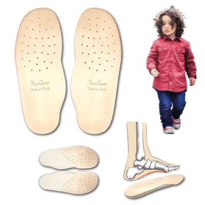 Afbeelding van Orthopedische inlegzolen van echt leer voor kinderen met ondersteuning de voetboog en latex hielverhoging, Italiaans product, voetbed leer, geurremmend, zweetremmend, platte voeten, fasciitis