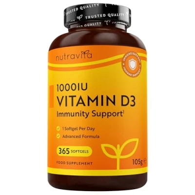 Afbeelding van Nutravita Vitamine D D3 voor Volwassenen, 365 capsules (1 volledig jaarvoorraad), goed weerstand en ondersteunt spieren, botten tanden