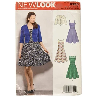 Afbeelding van New Look 6390, maat A patroon, jurk met volledige rok en bolero meerkleurig