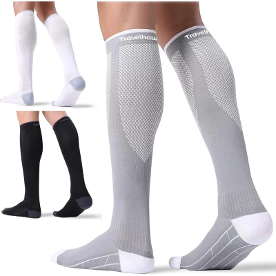 Afbeelding van Travelhawk Compressiekousen Zwart/Wit/Grijs 3 Pack Hardloopsokken Premium Compressiesokken Running Socks Vochtafdrijvend Skisokken Voorkom Blessures &amp; Spierpijn L/XL