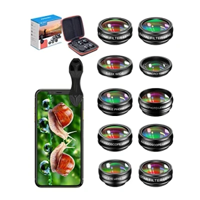 Afbeelding van APEXEL Cameralens, voor mobiele telefoon, 10 in 1, groothoeklens, macrolens, telelens, fisheye lens, caleidoscoop/CPL/flow/star/radiale filter iPhone 11 Pro, Huawei P40, Samsung en meer
