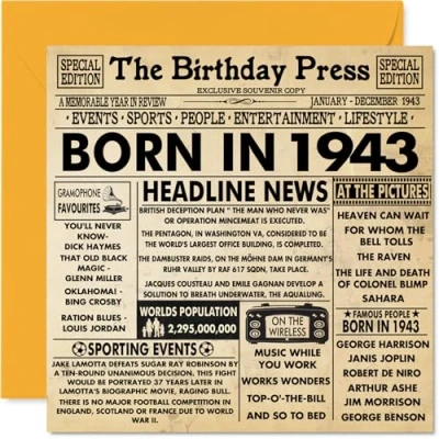 Afbeelding van 81e verjaardagskaarten voor mannen vrouwen geboren in 1943 krant Happy 81 verjaardagskaart opa oma Nan Vintage Retro terug 1943, 145 mm x eenentachtigste verjaardag wenskaarten