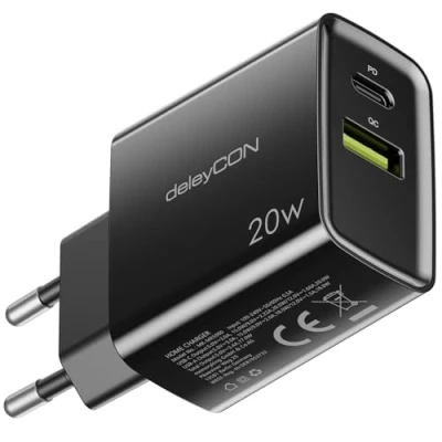 Afbeelding van deleyCON oplader USB A en C (2 poorten 20 W snellader) voeding voor iPhone 15/14/13/12/11 iPad Galaxy S24/S23 Pixel mobiele telefoon PD 3.0 zwart