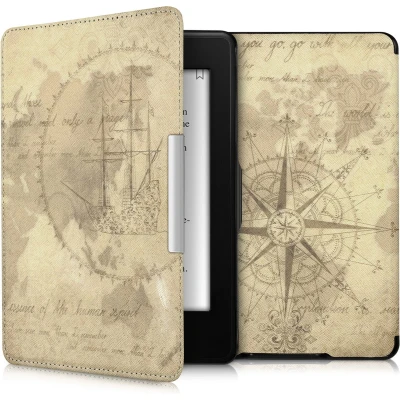 Afbeelding van kwmobile E reader hoesje geschikt voor Amazon Kindle Paperwhite hoes flip case met magnetische sluiting Ereader cover Vintage Travel design in bruin / lichtbruin