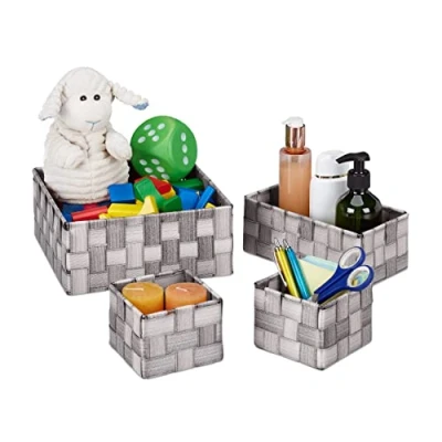 Afbeelding van Relaxdays opbergmand 4 stuks badkamermand opbergbox gevlochten 3 groottes grijs