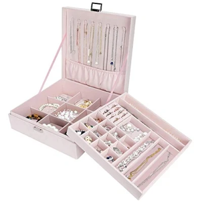 Afbeelding van ProCase Sieradendoos organizer voor Dames, Tweelaags Sieraden Display opbergkoffer met 8 Kettinghangers en Verwijderbare Scheidingswand Oorbellen, Armbanden, Ringen, Horloges Roze