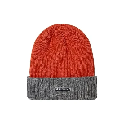 Afbeelding van SEALSKINZ Bacton waterdichte beanie muts voor koud weer met omgeslagen boord, oranje/grijs, XXL