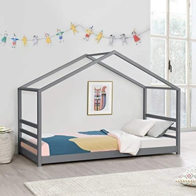 Afbeelding van Kinderbed huisbed met bedbodem 90x200 cm donkergrijs