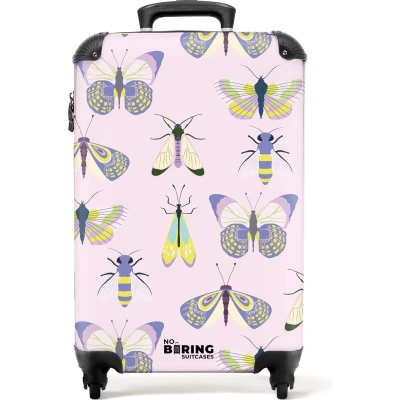 Afbeelding van NoBoringSuitcases.com® Handbagage koffer lichtgewicht Reiskoffer trolley Roze met insecten Rolkoffer wieltjes Past binnen 55x40x20 en 55x35x25