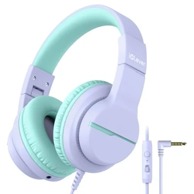 Afbeelding van iClever hoofdtelefoon voor kinderen, HD stereo met microfoon, volumeregelaar 85/94dB, deelfunctie, opvouwbare