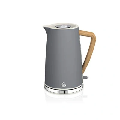 Afbeelding van Swan Nordic Ultra Elektrische waterkoker, draadloos, modern design, 1,7 l, 2200 W, handvat in houtlook, automatische uitschakeling, grijs