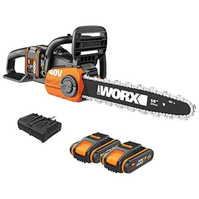Afbeelding van WORX 40V accu kettingzaag WG384E, 2 x 2,0Ah, Powershare, borstelloze motor, gereedschaploze kettingspansysteem, snelstop kettingrem, dual oplader, 35 cm staaflengte, 18V