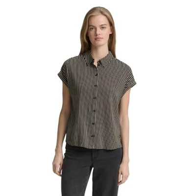 Afbeelding van TOM Tailor Denim Shortsleeve Overhemdblouse, Dames, Maat: Small, Black beige stripe