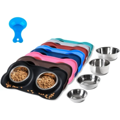 Afbeelding van Hubulk Hondenkommen voor huisdieren, 2 roestvrijstalen hondenkom zonder morsen en antislip siliconen mat + huisdiervoerschep water voerbakken kleine middelgrote honden katten puppy&#039;s (S, zwart)