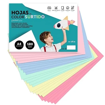 Afbeelding van Cartulina de Colores, A4 Colores Surtidos Pastel, Folios 180gr para Manualidades, Imprimir Documentos y Diseños Creativos, · m office (x100 Surtido Pastel)