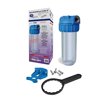 Afbeelding van 10&quot; 1&quot; waterfilter met metalen schroefdraad, muurbeugel en sleutel om de cartridge of het filter te vervangen. Bevat geen filter. Eenvoudige installatie onderhoud. Bbagua.