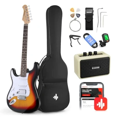 Afbeelding van Donner Elektrische gitaarset, voor linkshandigen, S H pickups, volledige grootte 99 inch beginners met versterker, tas, cap, riem, snaren, tuner, kabels en plenters (sunburst, linkshandigen)