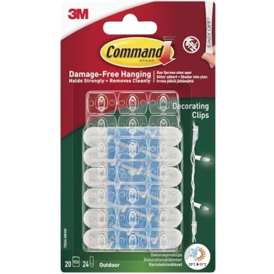 Afbeelding van Command Decoratieclips voor buiten, met waterbestendige strips, 20 miniclips en 24 kleine plakstrips, transparant, hangende clips decoratie lichtketting, schadevrij ophangen
