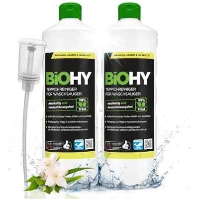 Afbeelding van BiOHY Tapijtreiniger voor stofzuigers (2 x 1l Fles) + doseerder geschikt alle verwijdert moeiteloos vlekken in één stap schoonmaken en verzorgen (Waschsauger)