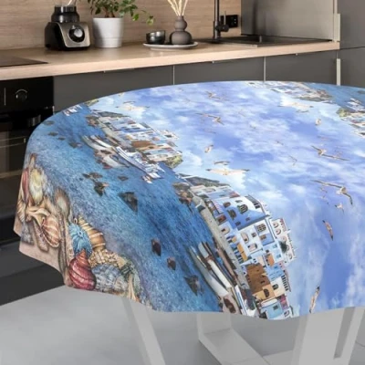 Afbeelding van Wasdoek tafelkleed, afwasbaar tafelzeil, tuintafelkleed voor binnen en buiten, rond, 140 cm, snijrand, visseroever