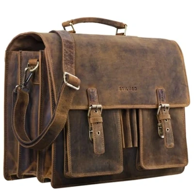 Afbeelding van STILORD &#039;Anton&#039; Aktetas Heren Leer Schoudertas Groot Vintage met Laptopvak 15,6 inch Lederen Tas Laptoptas Business Tassen Echt Leder, Kleur:middel bruin
