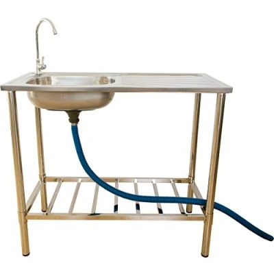 Afbeelding van Camping/Outdoor RVS tafel met gootsteen kraanen afvoerslang 100 x 505 106 cm