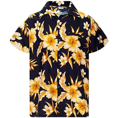 Afbeelding van King Kameha Funky Hawaïaans shirt voor heren, casual, button down, zeer luid, korte mouwen, vakantie, palmen, mono, wild, tropische bloemen, uniseks, Mono bloemen design marinegeel, XL