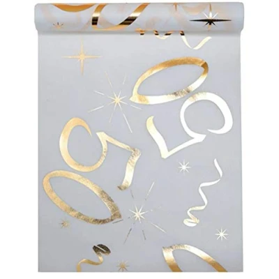 Afbeelding van Tafelloper, wit, goud, 50 jaar, 30 cm x 5 m, kunststof, tafelkleed met banner, decoratief lint