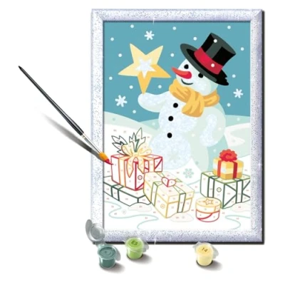 Afbeelding van Ravensburger CreArt Serie D Classic: Sneeuwpop met glitter, schilderen op nummer, bevat een voorgedrukte plank, kwast, kleuren en accessoires, creatieve set voor jongens meisjes vanaf 9 jaar