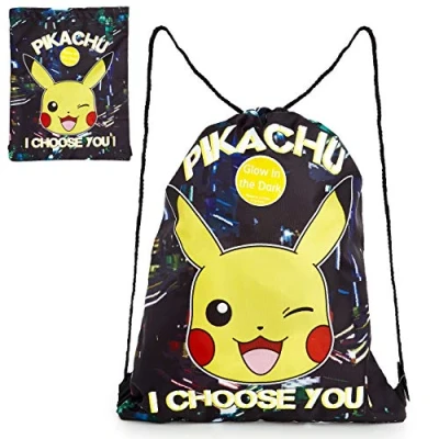 Afbeelding van Pokemon Trekkoord Bag, PE Gym Zwemmen en Sport Zak, Glow in the Dark Tas met Pikachu, Lichtgewicht Zwarte String Sack voor Kinderen Volwassenen, Geschenken, Zwart, Eén maat