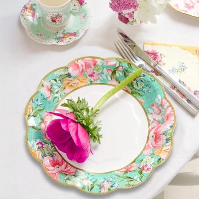 Afbeelding van Set van 24 vintage papieren borden met gebloemde rand, echt heerlijk wegwerpservies voor verjaardag of tuinfeest, middagthee, babyshower, bruiloft, 17,5 cm