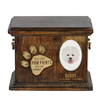 Afbeelding van Art Dog Aangepaste geometrische hondenherdenkingsurn Handgemaakte houten urn Op maat gemaakte hondencrematiedoos voor as 8,3x11,4x8,7 Bichon