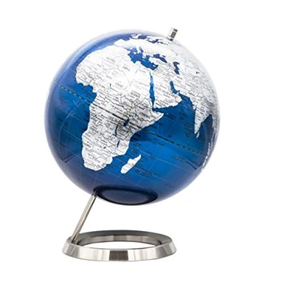 Afbeelding van EXERZ 30 cm wereldbol roestvrij stalen ring staand, verpakking in Premier kraftdoos, perfect om cadeau te geven metallic blauw