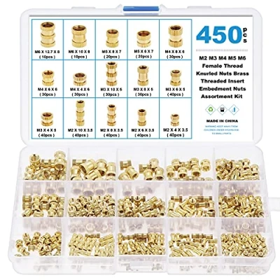 Afbeelding van Gueenky Messing schroefdraadinzetstukken, M2, M3, M4, M5, M6, 3D print, 15 maten, assortiment inbedmoeren, inpersmoer, met opbergdoos, 450 stuks