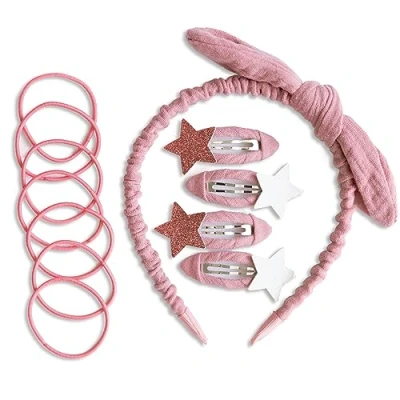 Afbeelding van Papierdrachen Speciale haaraccessoireset met haarband, glitterhaarspelden, haarelastiekjes gecombineerd hoogwaardige mousseline stof, oudroze, voor meisjes en dames