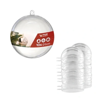 Afbeelding van acryl bal A666010 Ø 6 cm glashelder met oogje om op te hangen, 2 delen, 10 stuks, plexiglas ballen, kerstbal, kunststof transparant,