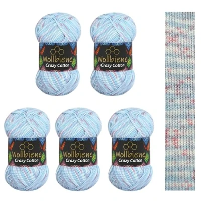 Afbeelding van Wollbiene Crazy Cotton Batik, 5 x 100 g, 500 gram met kleurverloop, 55% katoen, meerkleurig, breiwol, wol voor het hele jaar (6070 lichtblauw lila kleur)