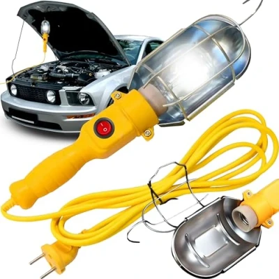 Afbeelding van Retoo handlamp, lamphouder E27 met kabel, werklamp, inspectielamp, werkplaatslamp, bouwlamp, lamp 10 m netsnoer, lampkabel, schakelaar, EU stekker, geel