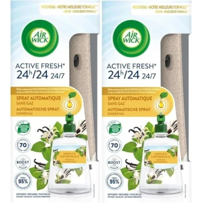 Afbeelding van 2 x Air Wick Active Fresh Automatische Spray Diffuser Unit + Vanille &amp; Kamperfoelie Refill 228ml
