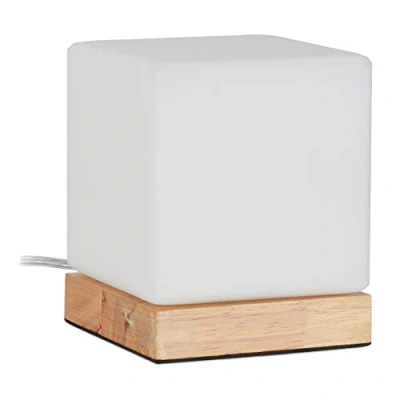 Afbeelding van Relaxdays tafellamp kubus, E14, hout &amp; melkglas, Scandinavisch design, HBD: 15x12x12 cm, nachtlamp, wit