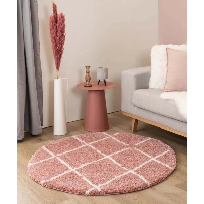 Afbeelding van Rond Hoogpolig Tapijt/Vloerkleed Ruiten Artisan Roze/wit 80 Cm